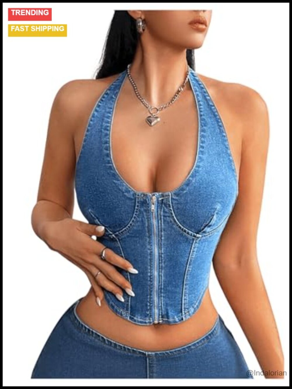 Denim Halter Vest Sleeveless Open Back Zipper Front Corset Crop Top